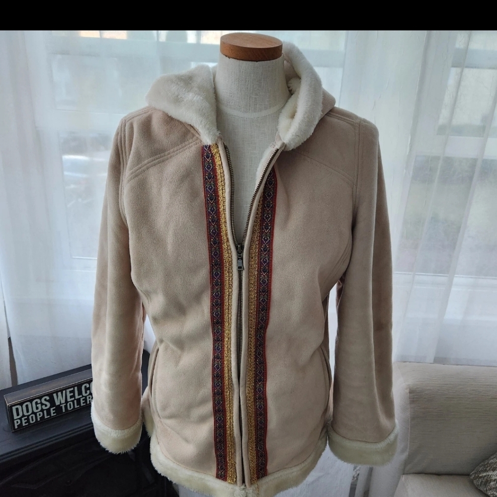 Sonoma Womens Coat Heavy Jacket Faux Suede Faux Fur Hooded Zip Size Medium